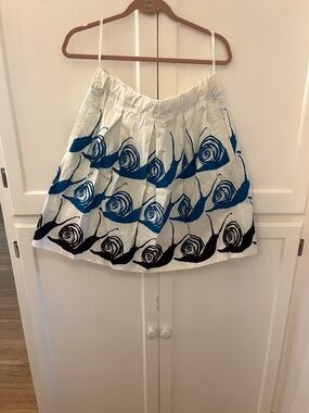 Anthropologie White A-Line Skirt with Blue & Black Snail Print